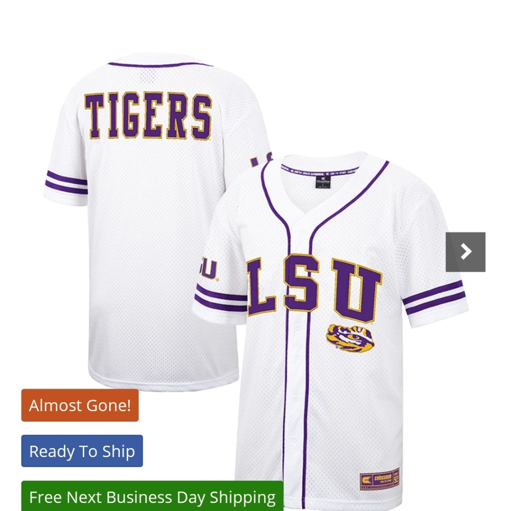 NWT!! LSU Tigers Colosseum Free Spirited Mesh Button-Up Baseball Jersey - White